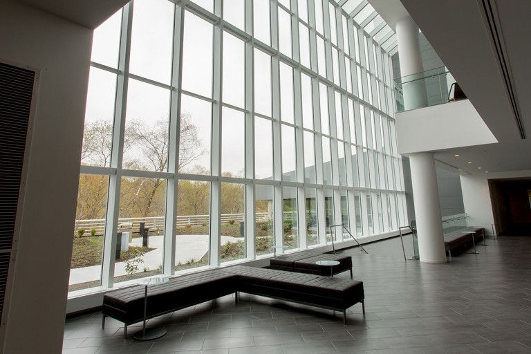 Large windows in the lobby of the Novo Nordisk Headquarters