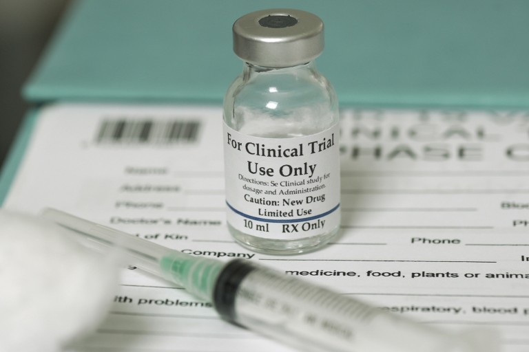 A vial of clinical trial medication for limited use
