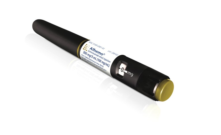 Alhemo® highest dose pen positioned at an angle