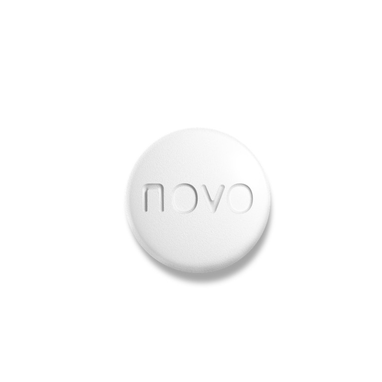 Wegovy® 1.5 mg, 4 mg, or 9 mg pill, pictured from the top, showing the "novo" side