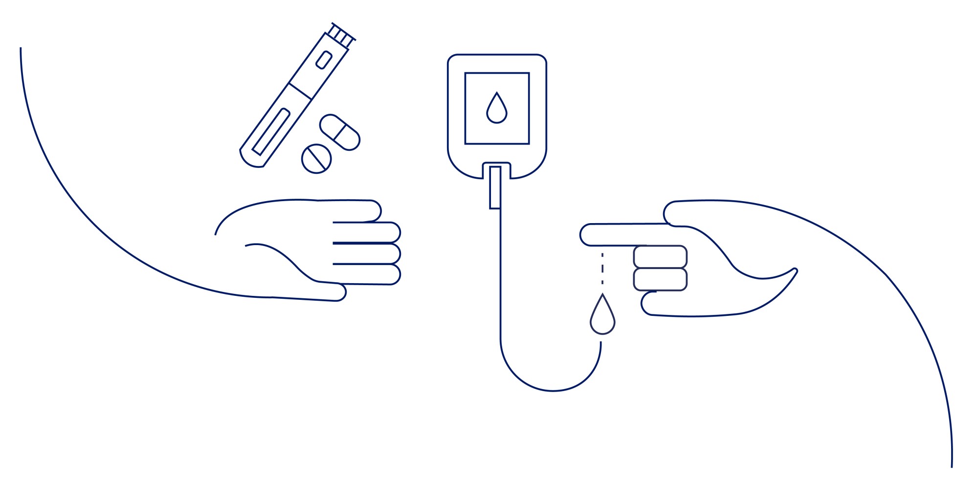 Typ-1-Diabetes-Illustration zeigt zwei Hände, Pillen und Bluttest.