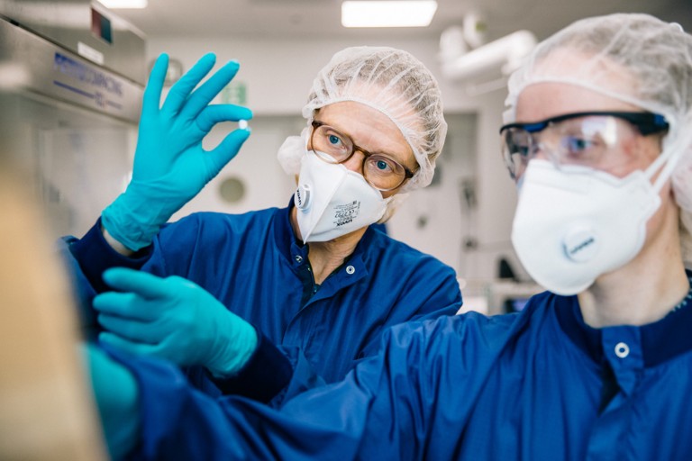 Two Novo researchers in a lab setting
