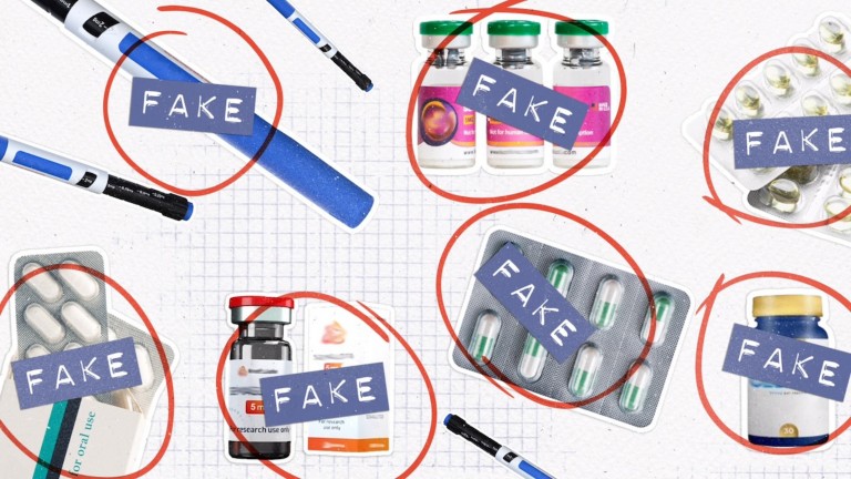 graphic of injection devices with the word "fake" written various times