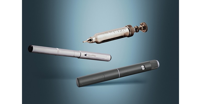 Image of the evolution of the inject device from syringe to pen