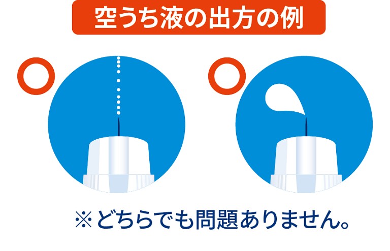 針はまっすぐに取り付ける　空打ちをして、薬液が出ることを目で見て確認する