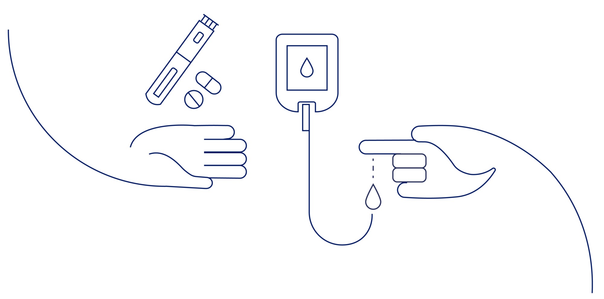 Illustration de diabète de type 1 présentant deux mains, des pilules et des analyses de sang.