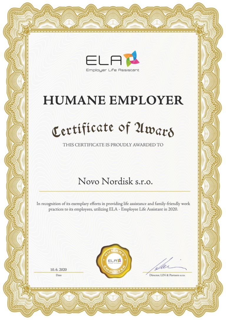 Společnost Novo Nordisk je držitelem certifikát HUMANE EMPLOYER