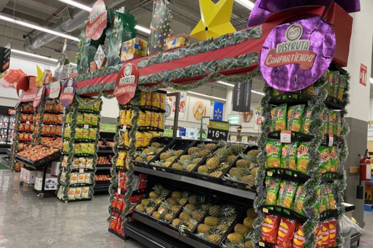 Fruits and savouries on display inside a food supermarket